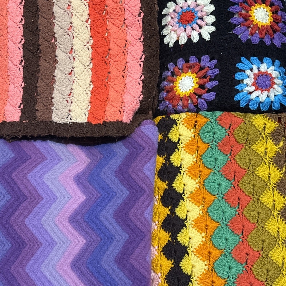 (4) VTG 60's Colorful Granny Square Geometric Crochet Afghan Lap Throw Blankets